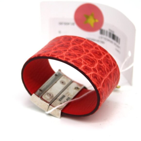 CELINE Manchette Silver Cuff Bracelet Red Python Embossed Leather S NEW Italy - Picture 7 of 7